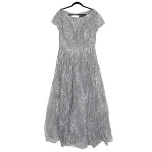 LA FEMME Sequin Lace A Line Short Sleeve Formal Silver Gown